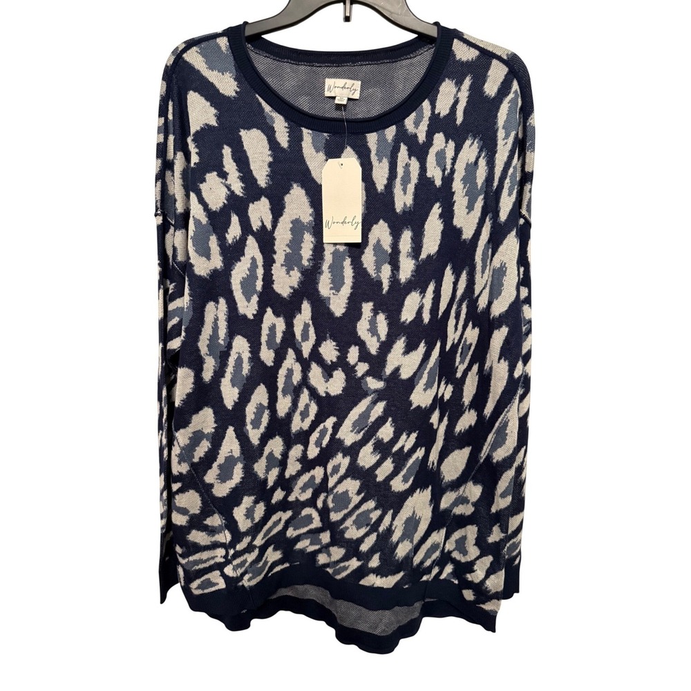 Wonderly Women's Blue Leopard Print Long Sleeve Knit Sweater Top - Size M Long